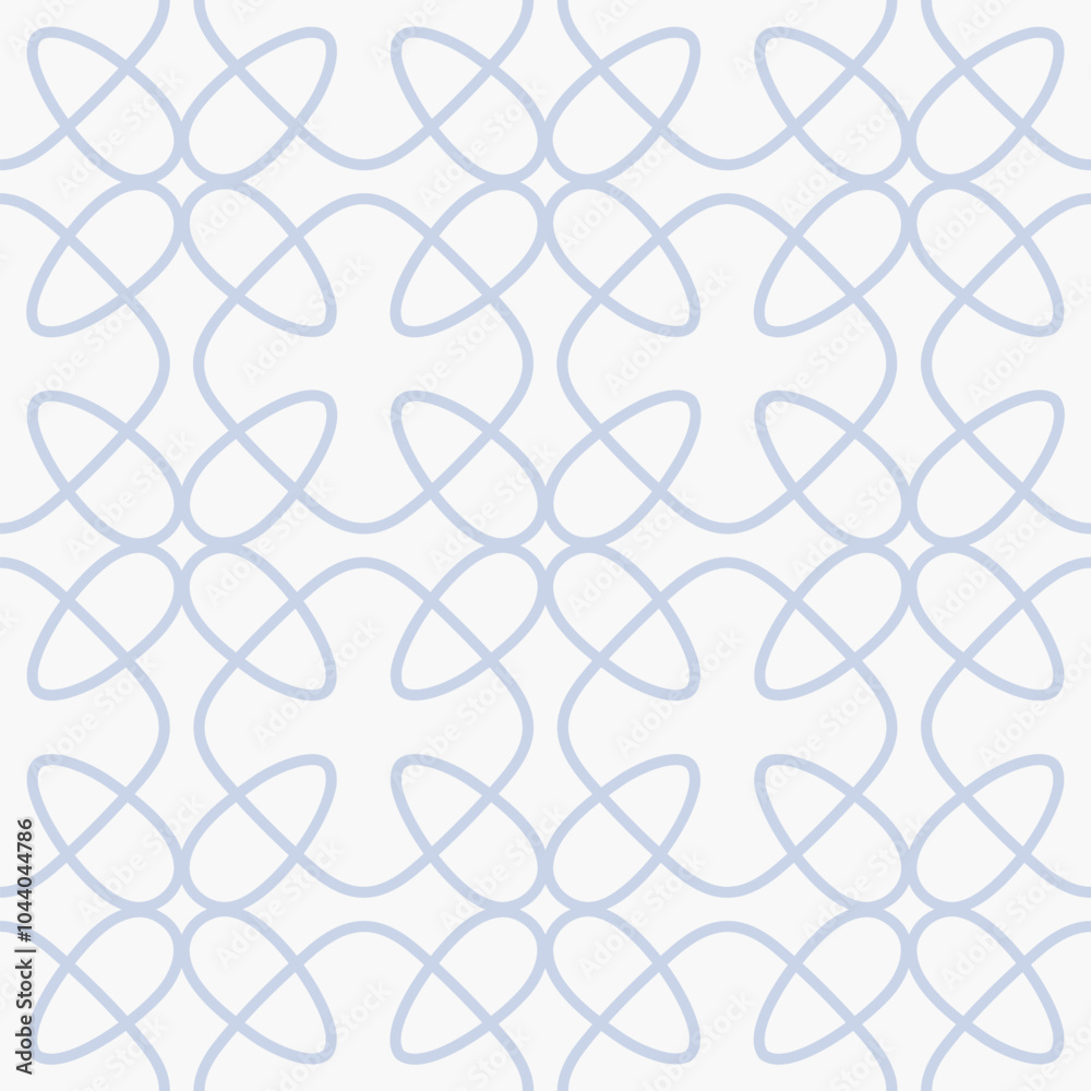 Naklejka premium Simple minimal vector seamless pattern. Abstract linear ornament texture with grid, lattice, mesh, squares, flower silhouettes, leaves. Subtle light blue and white geometric background. Repeat design