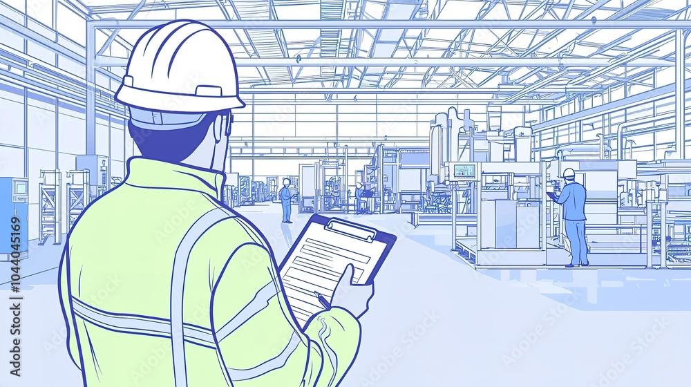 Worker examines safety checklist in a factory during daytime, ensuring ...