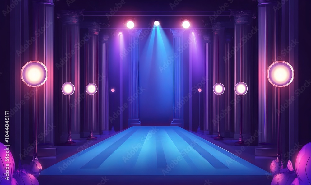 Dark room with brightly lit neon lamps. Illuminated hall. Lighting effects, show. Blue background Dark room with brightly lit neon lamps. Illuminated hall. Lighting effects, show. Blue background