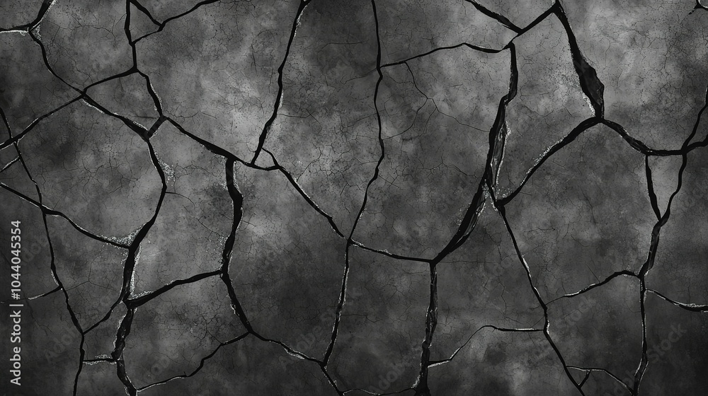 Obraz premium Detailed close-up of cracked black concrete wall highlighting texture and pattern with a dramatic dark background