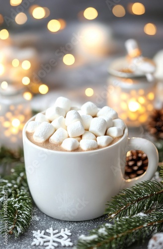 Cozy hot chocolate with marshmallows surrounded by festive decorations