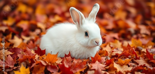 close-up of a white rabbit sitting on a bed of orange and red autumn leaves. The rabbit is facing towards the right side of the image, with its ears perked up and its eyes looking directly at the came photo