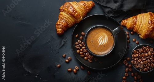 Coffee, Croissants, and Coffee Beans on a Black Background