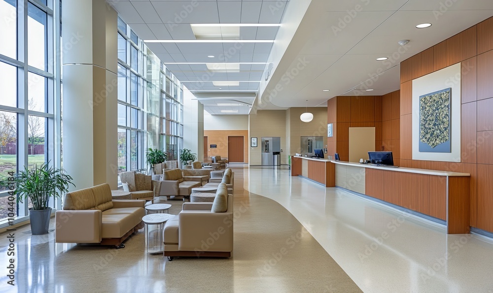 Detailed interior shots of a modern hospital lobby, showcasing the sleek design, comfortable seating areas, and welcoming atmosphere Detailed interior shots of a modern hospital lobby, showcasing the sleek design, comfortable seating areas, and welcoming atmosphere