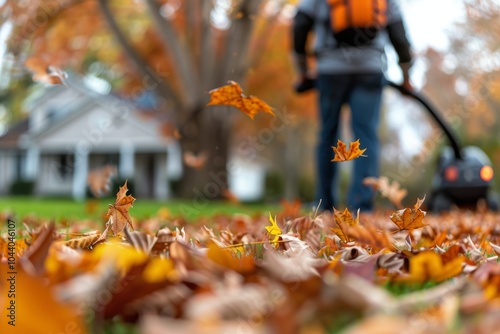 Fall Leaves Blowing With Leaf Blower