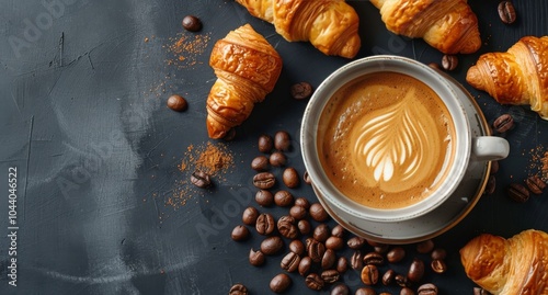 Coffee, Croissants, and Coffee Beans on a Black Background