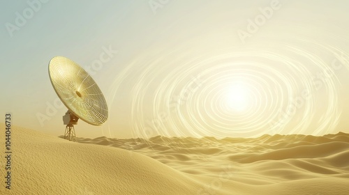 A large satellite dish collects data under a bright sun in a vast desert landscape at midday photo