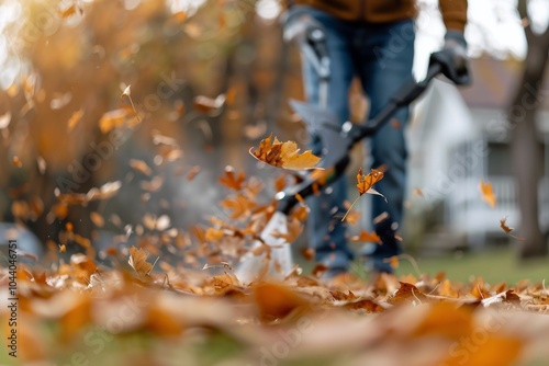 Fall Leaves Blowing With Leaf Blower