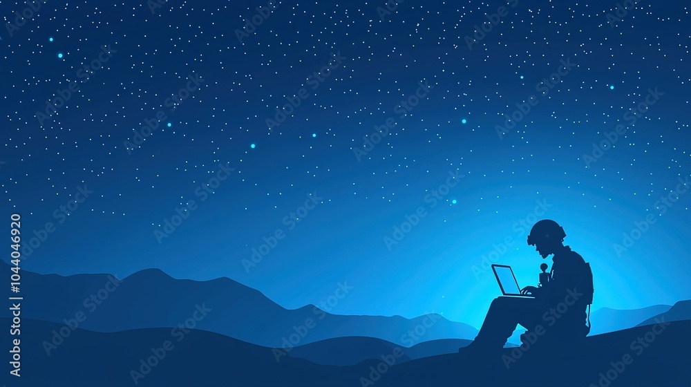 Fototapeta premium A silhouette working on a laptop under a starry night sky on a mountain top