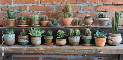 Diverse Collection of Succulents and Cacti Arranged on Rustic Wooden Shelves Against a Brick Wall photo