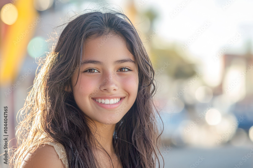Fototapeta premium Young hispanic girl smiling outdoor at the town.