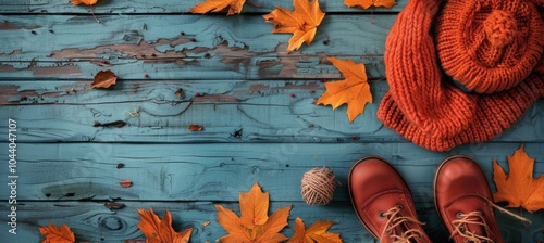 Autumnal Fashion Accessories on Blue Wooden Background With Fallen Leaves