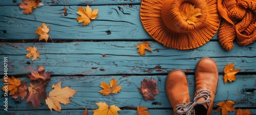 Autumnal Fashion Accessories on Blue Wooden Background With Fallen Leaves