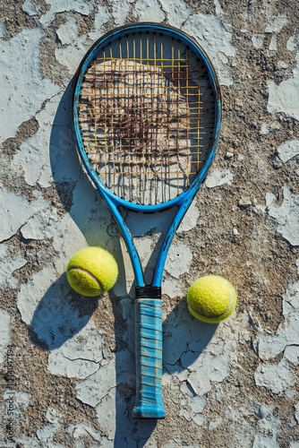 Tennis racket and balls resting on a textured surface in bright sunlight
