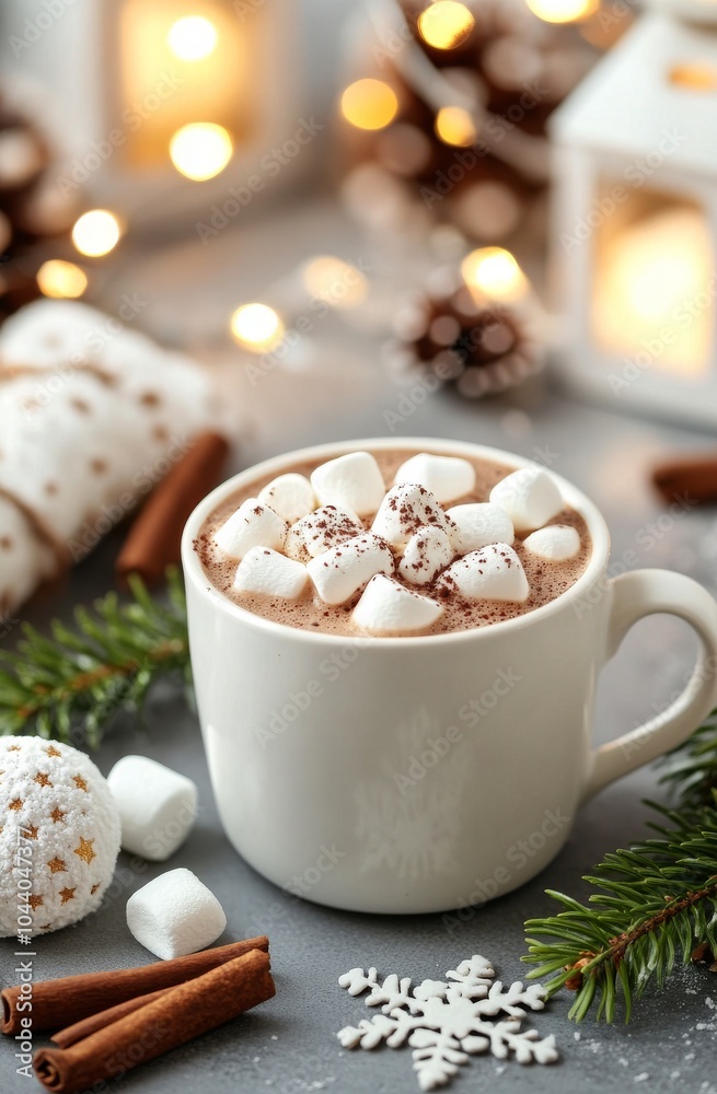 Cozy hot chocolate with marshmallows surrounded by festive decorations Cozy hot chocolate with marshmallows surrounded by festive decorations