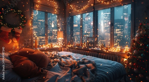 Cozy Christmas Bedroom With City View