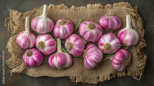 Fresh garlic bulbs arranged neatly on a rustic wooden surface in natural light