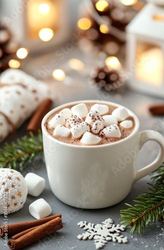 Cozy hot chocolate with marshmallows surrounded by festive decorations