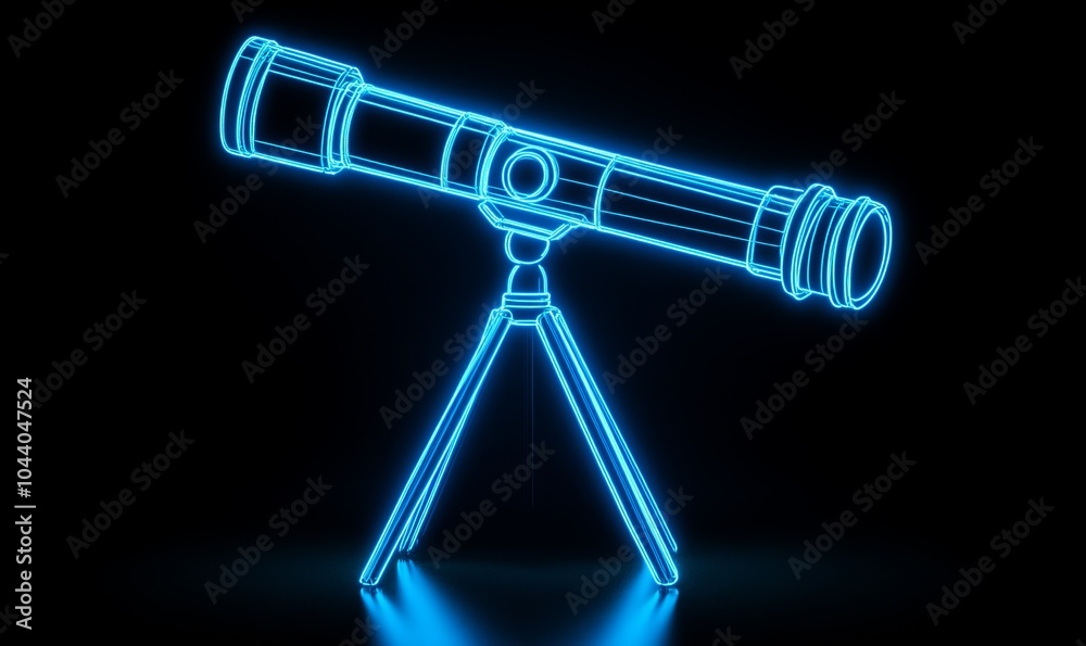 Electric blue neon outline of a telescope icon on black background. Electric blue neon outline of a telescope icon on black background.