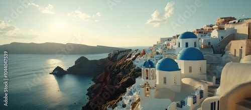 Whitewashed houses with blue domed roofs sit atop a cliff overlooking the Aegean Sea in Santorini, Greece, with the sun setting over the horizon.