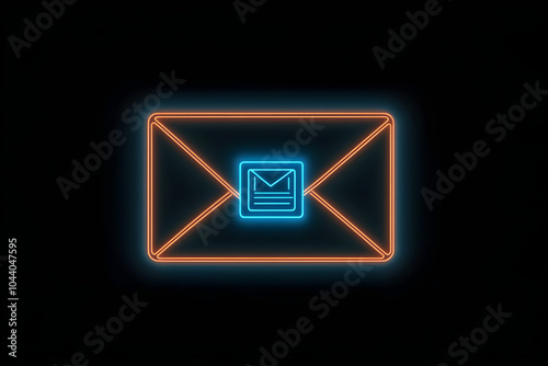 Neon wireframe letter envelope with stamp isotated on black background. photo