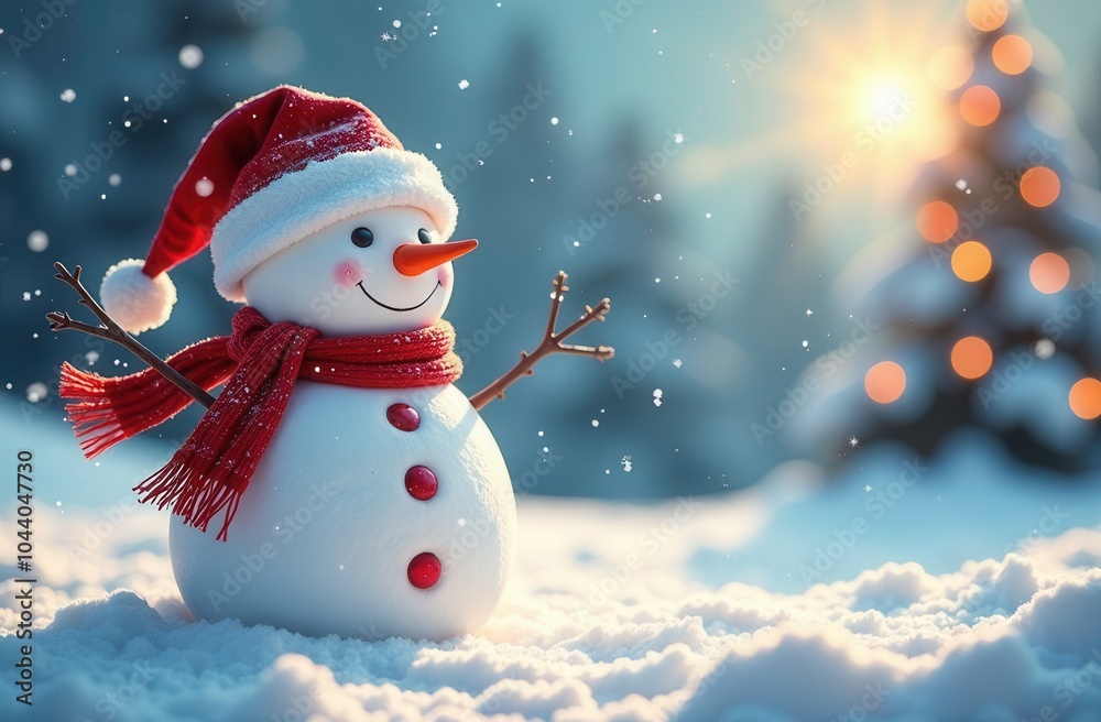 Snowman wearing red scarf and santa hat enjoying winter snowfall Snowman wearing red scarf and santa hat enjoying winter snowfall