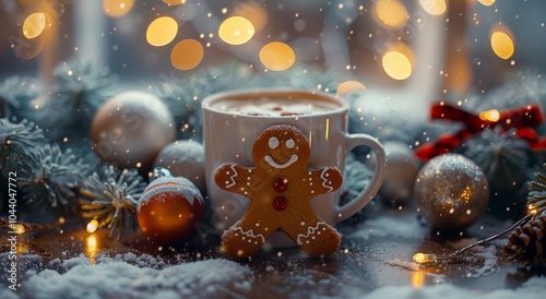 Gingerbread Man Cookie and Hot Chocolate in a Snowy Winter Setting
