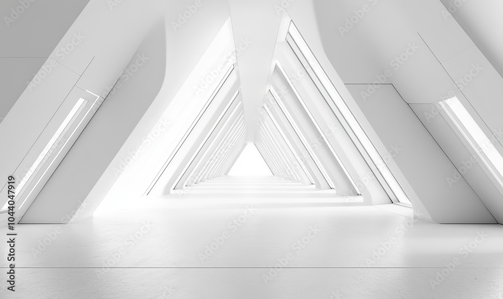 Fototapeta premium Empty Long Light Corridor. Modern white background. Futuristic Sci-Fi Triangle Tunnel