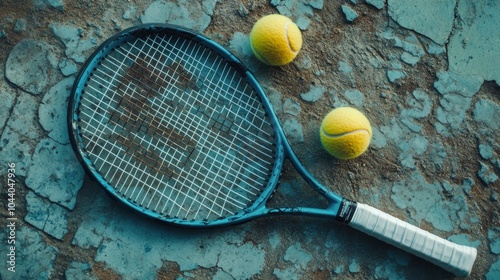 Tennis racket and yellow balls on a textured surface with soft lighting