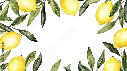 A vibrant arrangement of fresh lemons and green leaves creating a cheerful border against a white background suitable for various designs