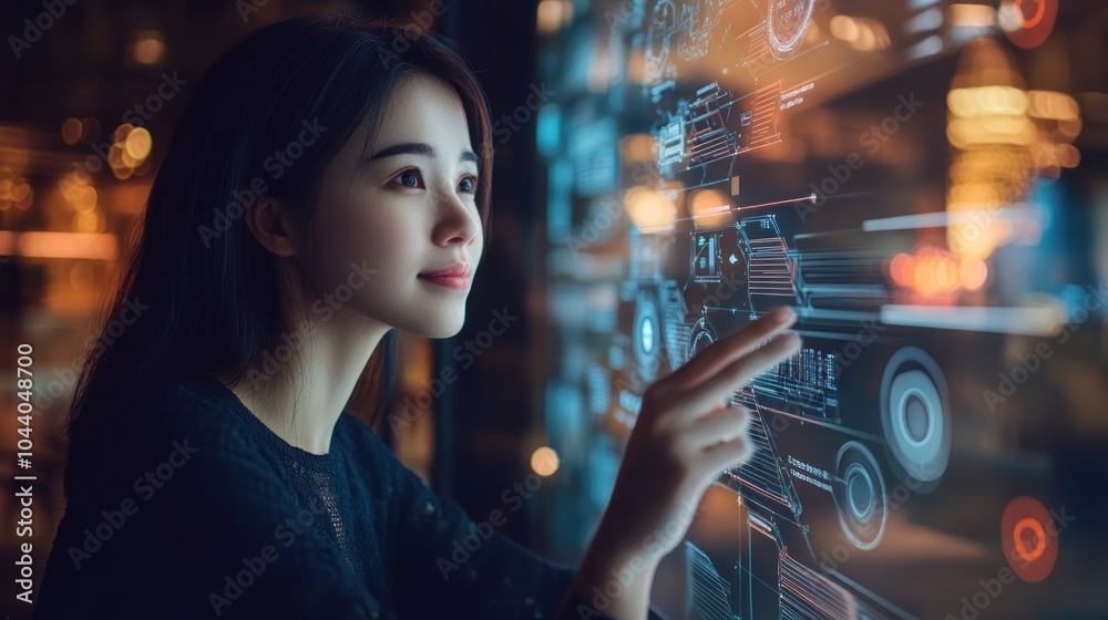 A woman interacts with a futuristic transparent touch screen displaying data and information.