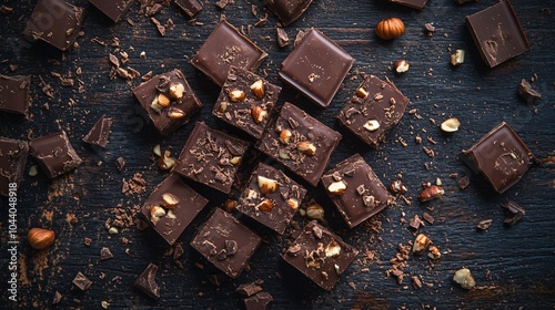 Double chocolate fudge with hazelnuts, isolated on a dark wooden surface, surrounded by chopped hazelnuts and chocolate shavings photo