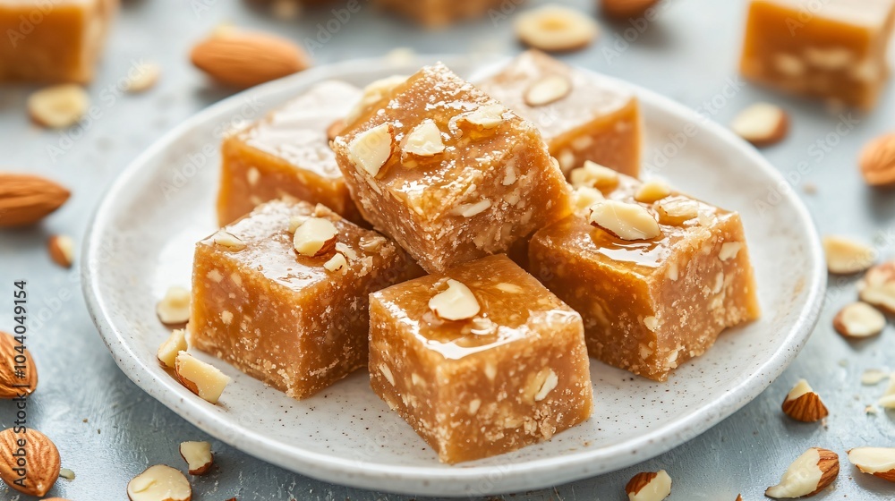 Fudge with almond slivers and honey drizzle, on a white porcelain plate, surrounded by almond pieces and a drizzle of honey Fudge with almond slivers and honey drizzle, on a white porcelain plate, surrounded by almond pieces and a drizzle of honey
