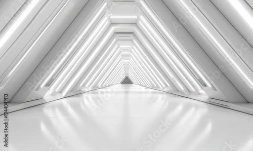 Empty Long Light Corridor. Modern white background. Futuristic Sci-Fi Triangle Tunnel