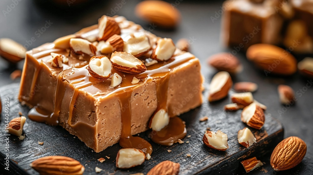 Fototapeta premium Fudge with chopped almonds and caramel drizzle, on a dark wooden board, surrounded by almond pieces and caramel sauce