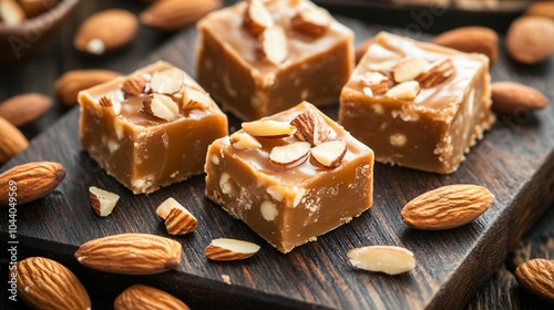 Fudge with chopped almonds and caramel drizzle, on a dark wooden board, surrounded by almond pieces and caramel sauce