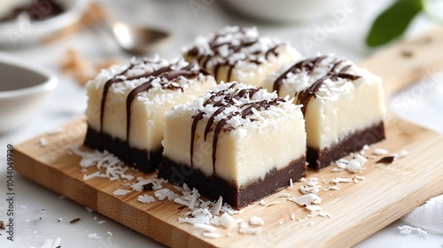 Wallpaper Mural Fudge with coconut and dark chocolate, on a light wooden board, garnished with shredded coconut and chocolate drizzle Torontodigital.ca