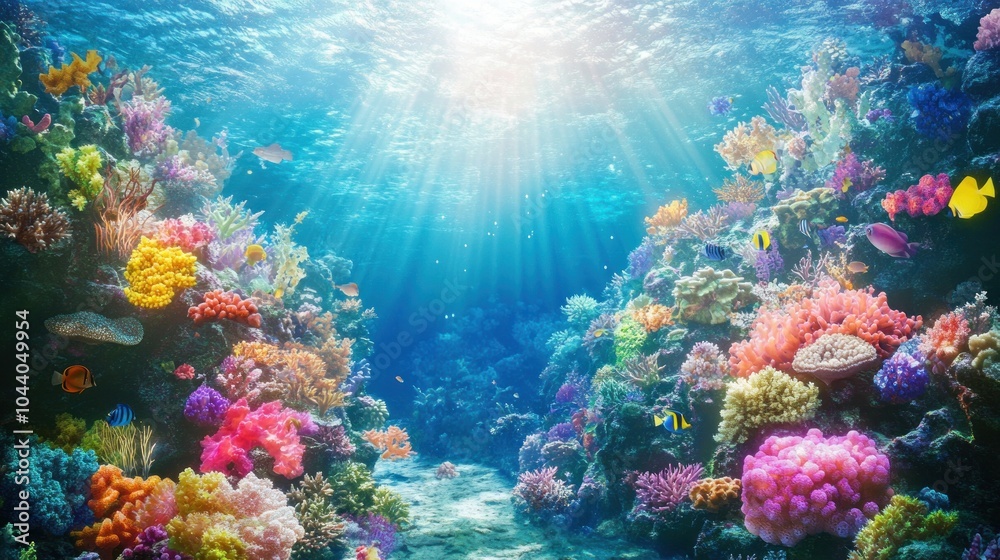 Naklejka premium Vibrant coral reef teeming with life under a sunlit ocean surface.