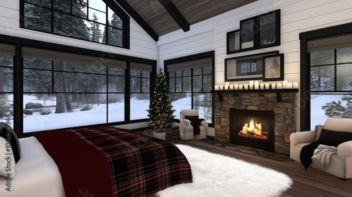 The warmth of a fireplace and soft candlelight creates a cozy atmosphere, complemented by a fluffy rug and a view of snow-covered trees outside the window photo