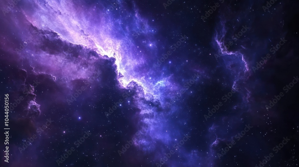 A vibrant nebula with swirling clouds of gas and dust in shades of purple and blue, illuminated by the light of distant stars.