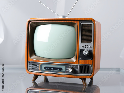 An old television placed on a table against a clean white background, showcasing vintage design and nostalgia photo