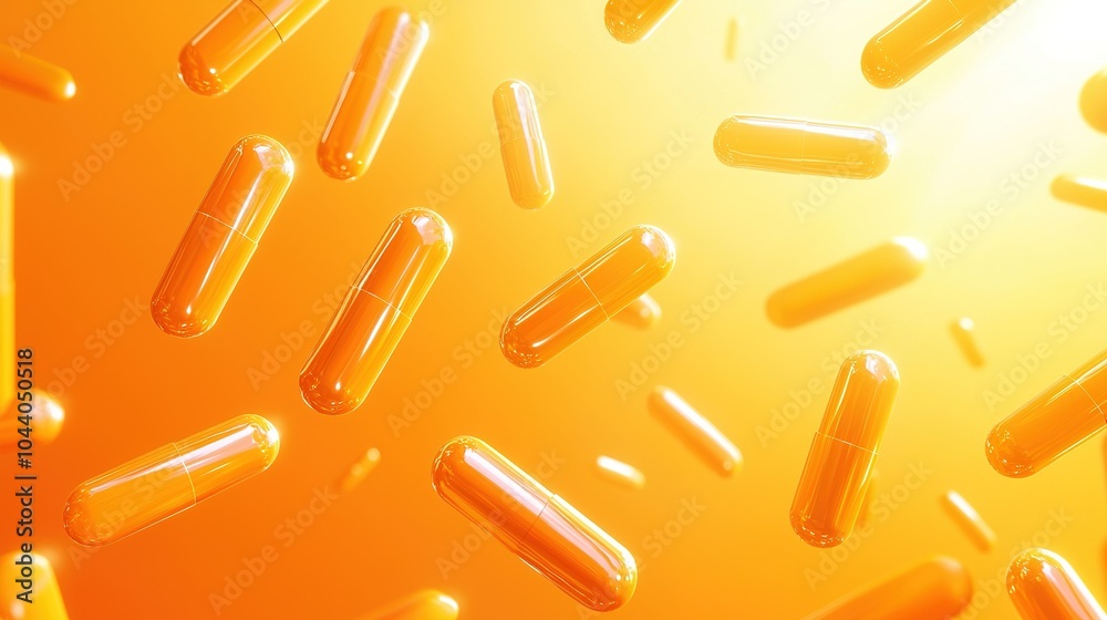 Floating orange capsules against a bright gradient background, illustrating vitamins or supplements in an abstract setting Floating orange capsules against a bright gradient background, illustrating vitamins or supplements in an abstract setting