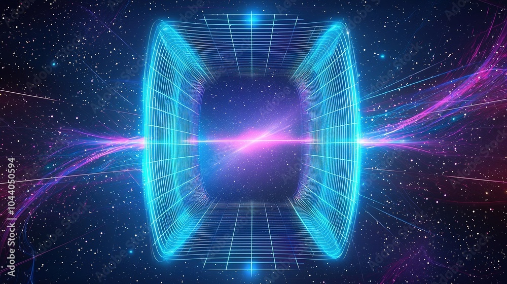 Obraz premium A vibrant cosmic portal appears in deep space, emitting colorful light beams and grid patterns, suggesting interdimensional travel at twilight