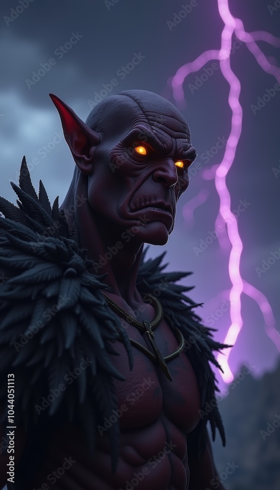 Obraz premium A fierce creature embodies dark fantasy, illuminated by lightning. Ideal for gaming, film, and graphic design projects.