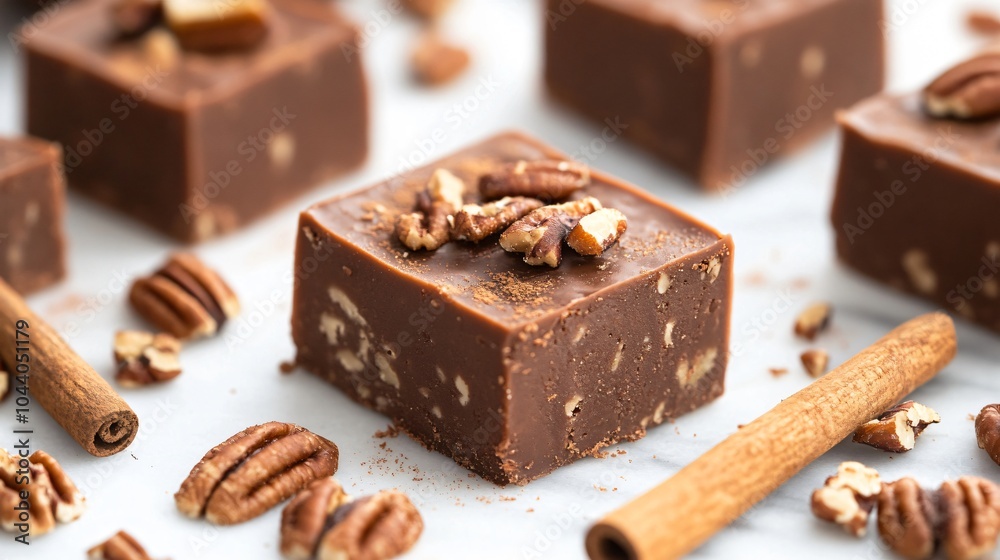 Fudge with pumpkin spice and pecans, on a white marble surface, surrounded by cinnamon sticks and crushed pecans Fudge with pumpkin spice and pecans, on a white marble surface, surrounded by cinnamon sticks and crushed pecans