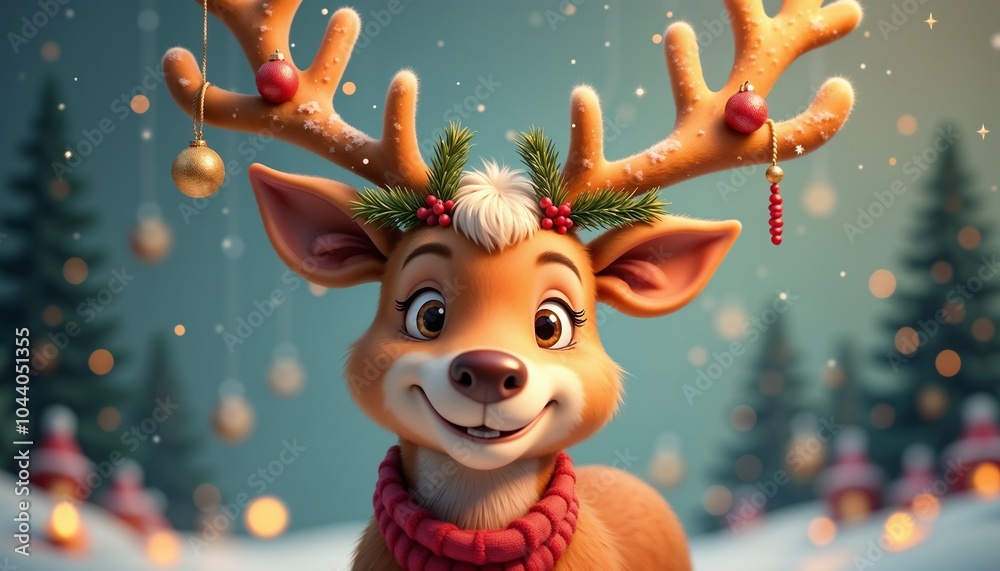 Fototapeta premium Cheerful 3D reindeer with decorated antlers in snowy winter forest scene