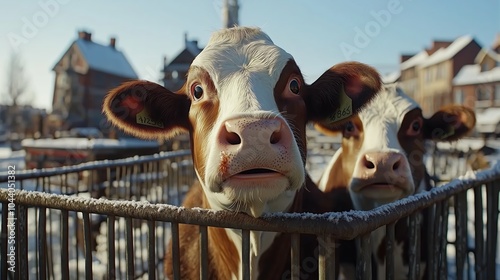 Two cows in a snowy village setting, reflecting the rustic charm of rural life and the agricultural lifestyle in winter, Generative Ai photo