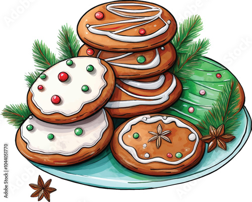 cartoon style christmas gingerbread cookies and spices on a plate isolated on white background. Sweet sugar biscuits composition. baked xmas crackers. Cute Vector illustration 