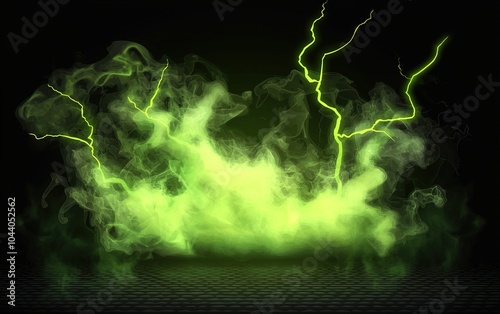 Vibrant green smoke and lightning forming an electrifying display in a dark setting