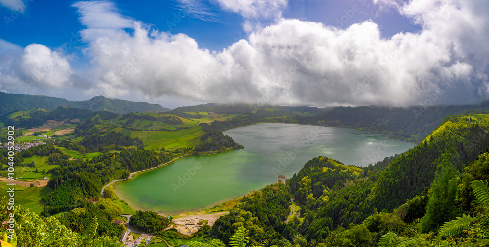 Fototapeta premium View of the Lagoa das Furnas from the Pico do Ferro viewpoint, São Miguel Island, Azores Islands, Portugal